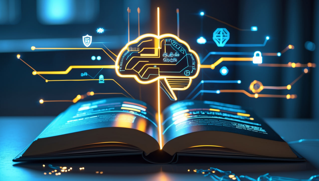 Открытая книга или планшет с символами кибербезопасности (замок, код), из которого светящиеся потоки данных направляются в стилизованный мозг, символизируя эффективное обучение и запоминание знаний ИБ.